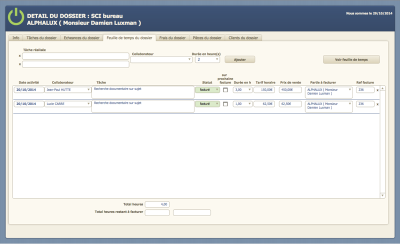 AVOCAT START : Feuille de temps attachées à un dossier