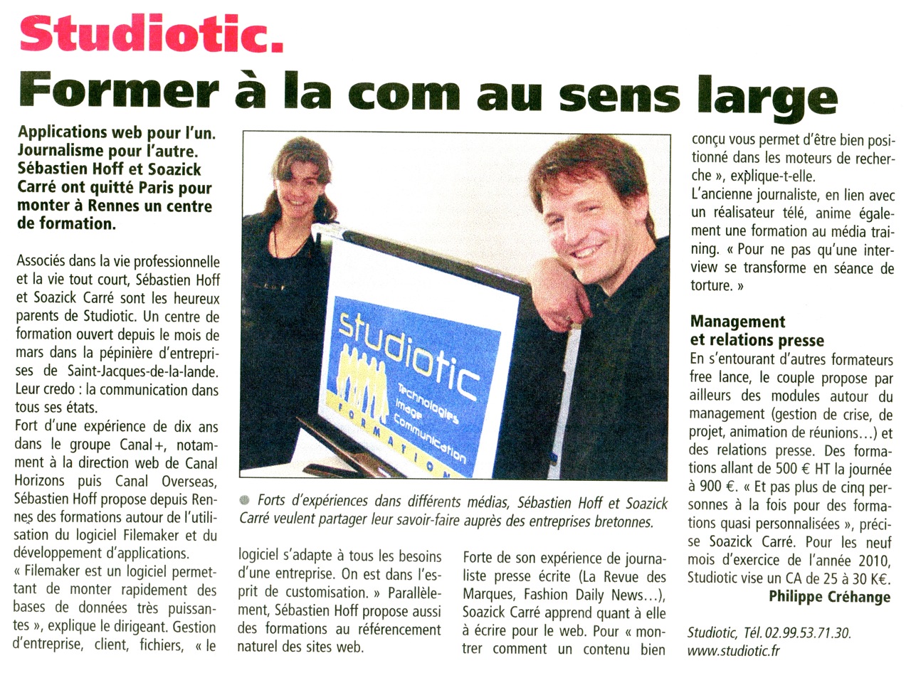 Article Studiotic Formation dans le Jounral des entreprises de Mai 2010